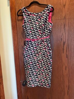 London Times Navy, White and Pink Geometric Sheath Dress